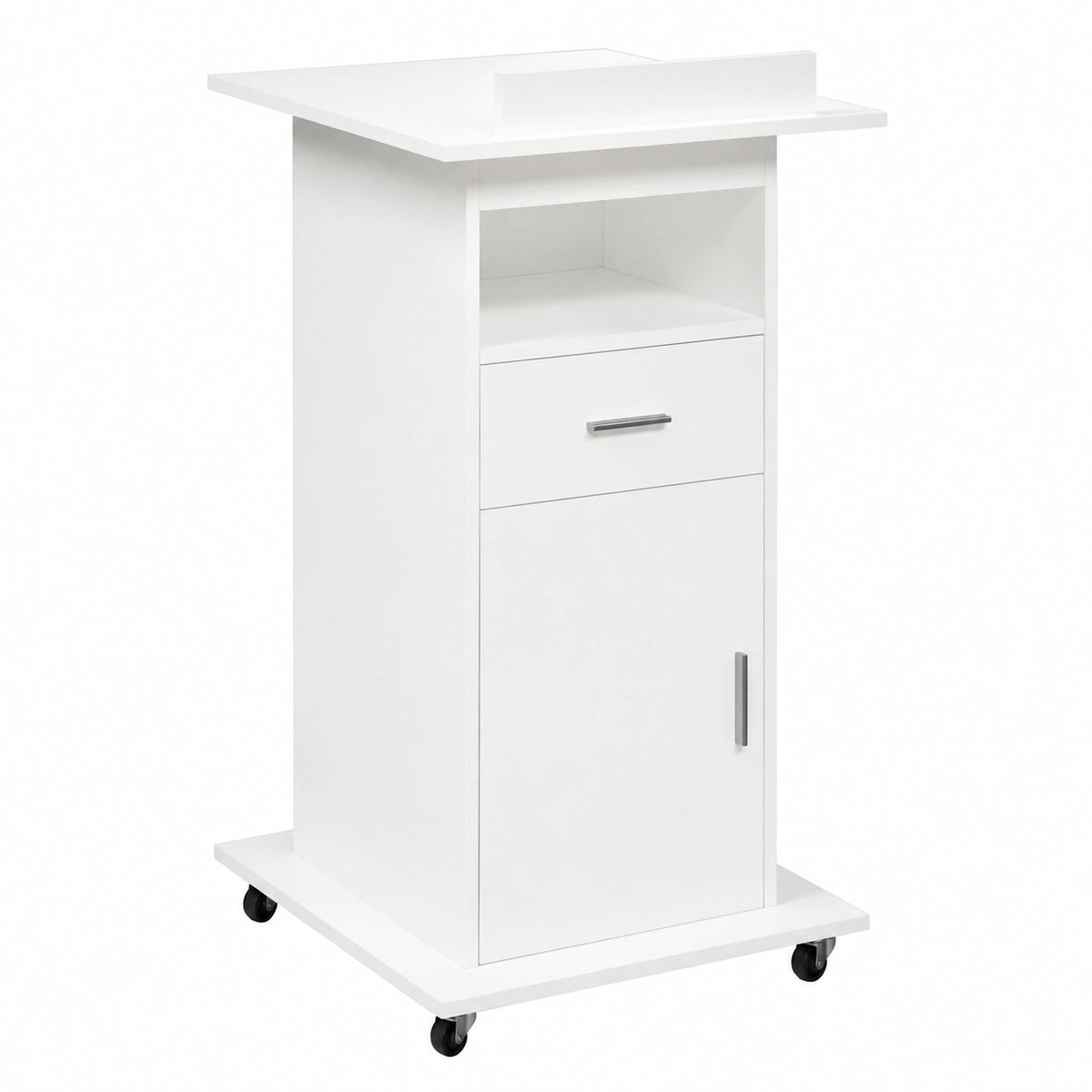Atril de Madera con Cajón y Ruedas, Blanco, 55x55x107 cm