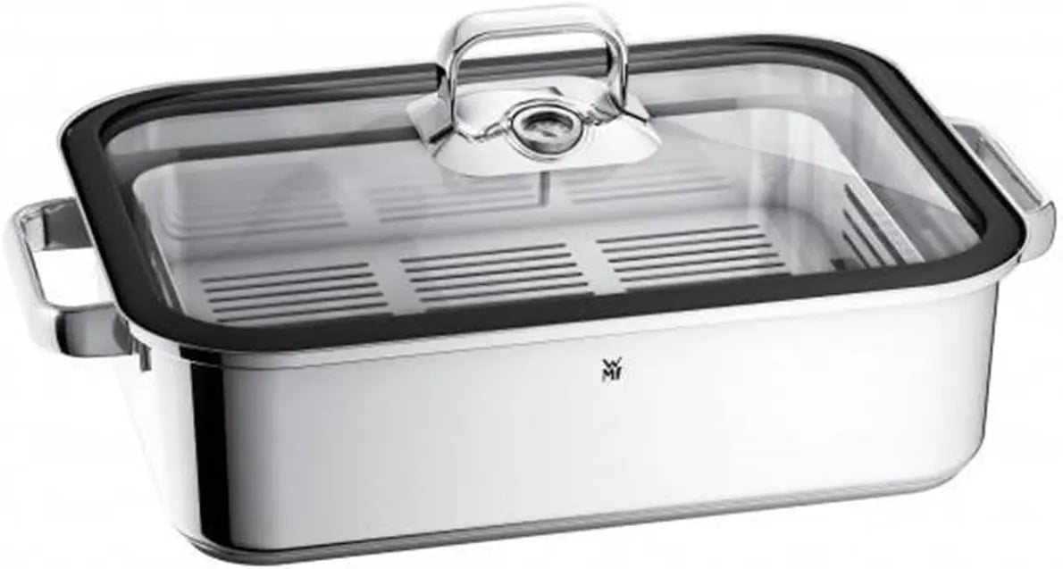 WMF Vitalis Fuente Rectangular de cocción al Vapor con Rejilla, Tapa con Borde de Silicona, Acero Inoxidable Pulido, 6.5 L