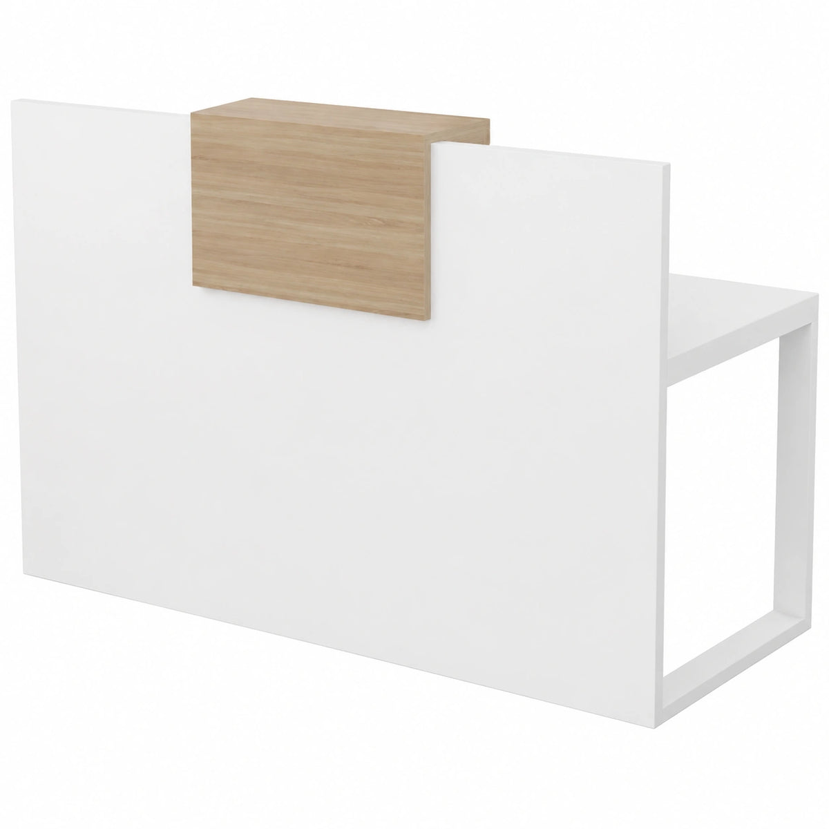 Mostrador de recepción en dos tonos con estructura metálica y acabado en olmo. Fabricado en España, fácil montaje. Dimensiones 120x60x105 cm, color blanco.