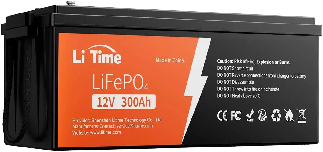 Litime Batería Litio 12V 300Ah con 200A BMS, Baterías LiFePo4 12V 300Ah MAX 2560W Potencia Carga, 4000-15000 Ciclos, para Caravana, Energía Respaldo