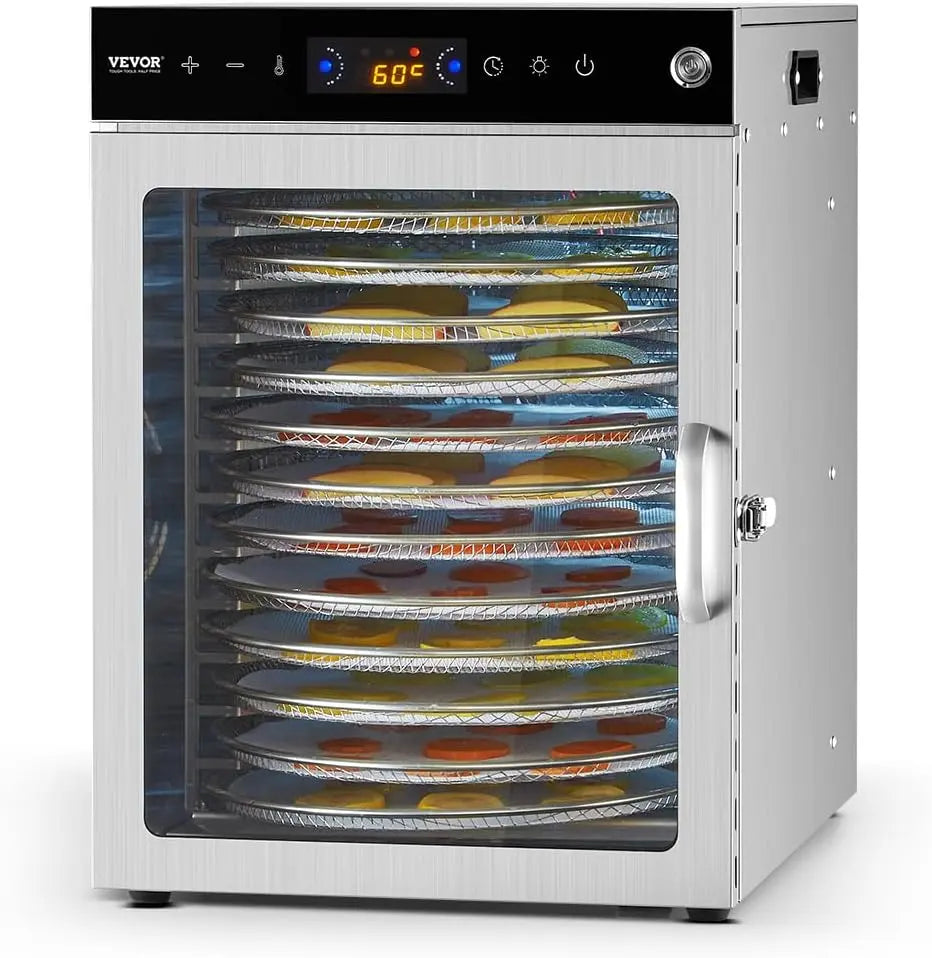 VEVOR Deshidratador de Alimentos 12 Bandejas de Acero Inoxidable Secador de Alimentos Eléctrico 800 W con Temperatura Ajustable y Temporizador de 24
