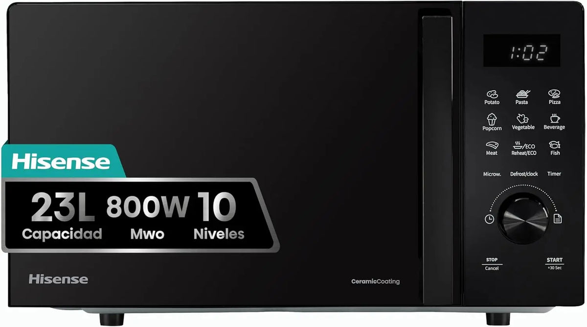 Hisense H23MOBSD1H, Microondas Digital con Grill 23L, 800W, Revestimiento Cerámico, Cristal, 10 Niveles de Potencia, Función de Descongelación