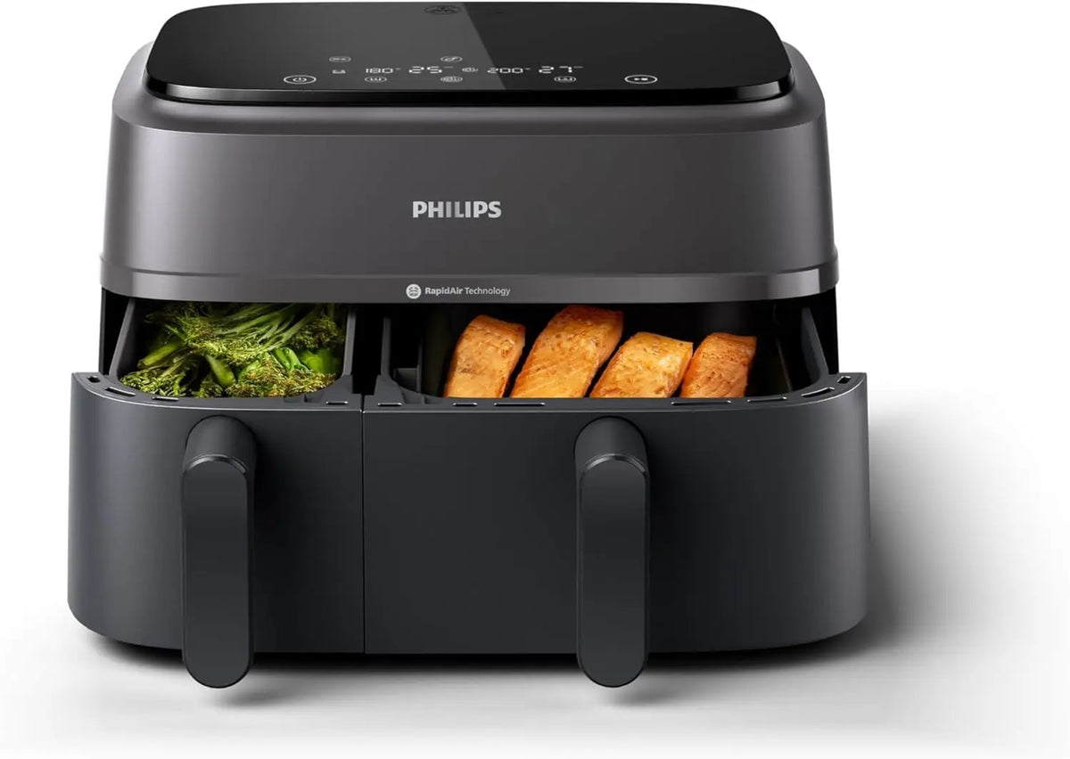 Philips Airfryer DualBasket, Cocina sano, rápido y versátil, 9L de capacidad, pantalla táctil, diseño con 2 cestas (NA350/00)