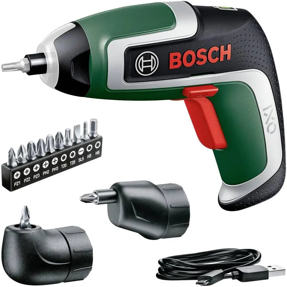 Bosch atornillador a batería compacto IXO (7.a generación, 3, 6 V, 2, 0 Ah, 5, 5 Nm, set incluye accesorios de atornillado en ángulo y excéntricos