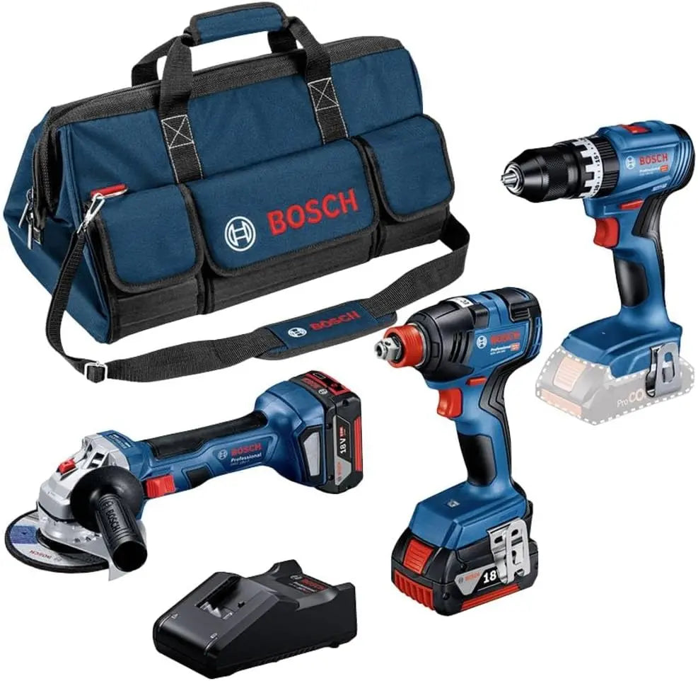 Bosch profesional 18V sistema GSB 18V-45 + GDX 18V-200 + GWS 18V-7, Set taladro + llave impacto + amoladora (2 baterías 5.0 Ah, bolsa de lona)