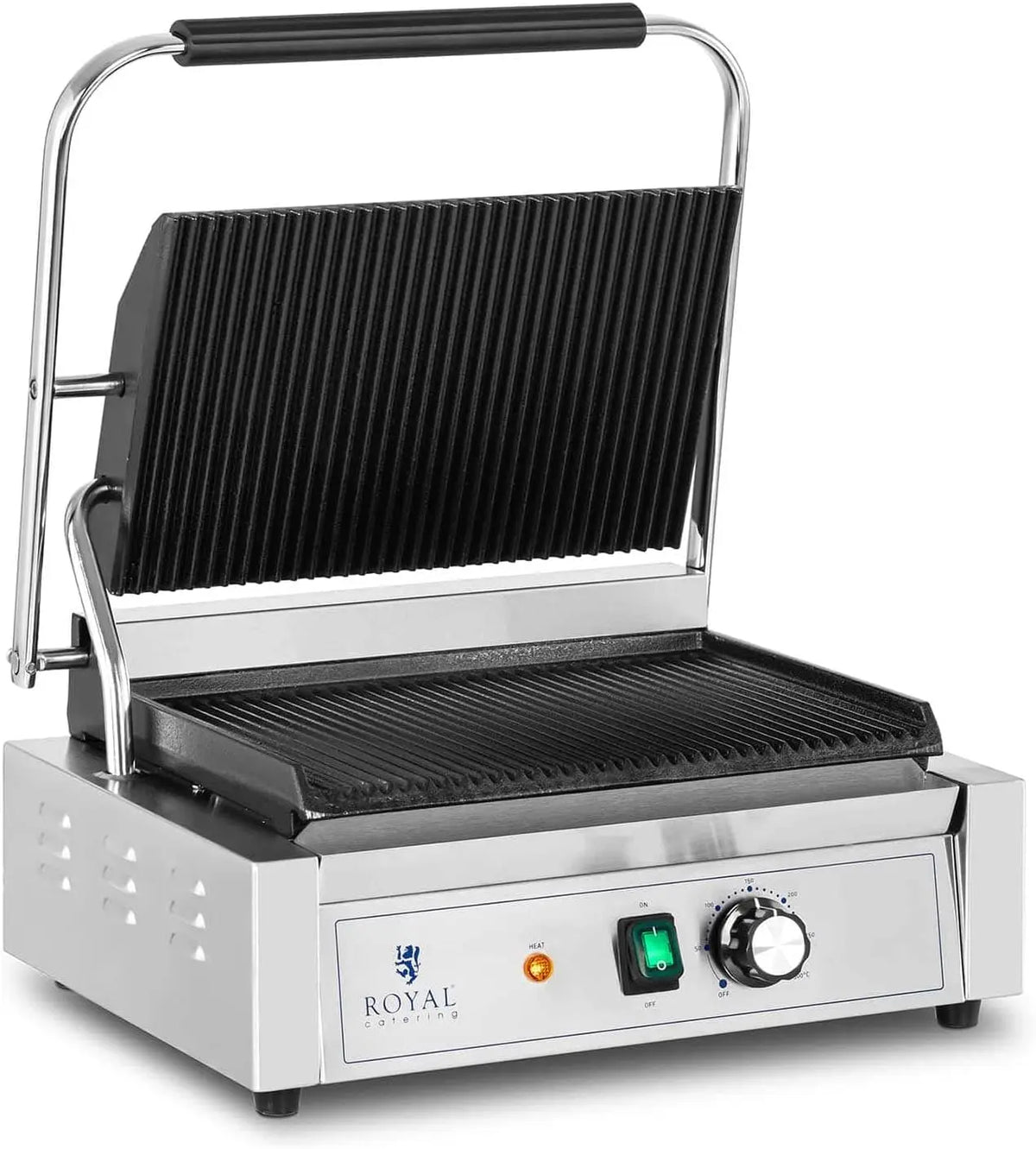 Royal Catering Parrilla de Contacto Grill RCPKG-2200-R (Potencia, 2200 W, Superfice ondulada, Rango de temperatura, 50-300 °C)