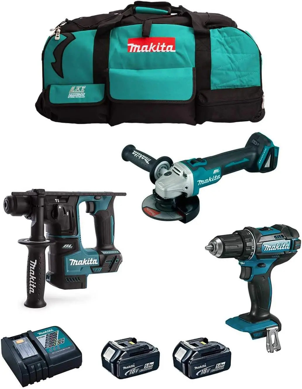 MAKITA conjunto MK301 (Taladro Atornillador DDF482 + Martillo DHR171 + Mini-Amoladora DGA504 + 2 Baterías de 5, 0 Ah + Cargador + LXT600)