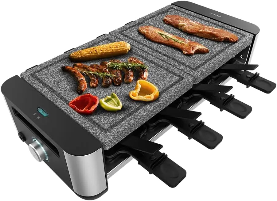 Cecotec Raclette Cheese&Grill 16000 Inox AllStone, 8 pers, Grill de 1400 W, Termostato regulable, Superficie mixta grill-plancha 40 x 22 cm