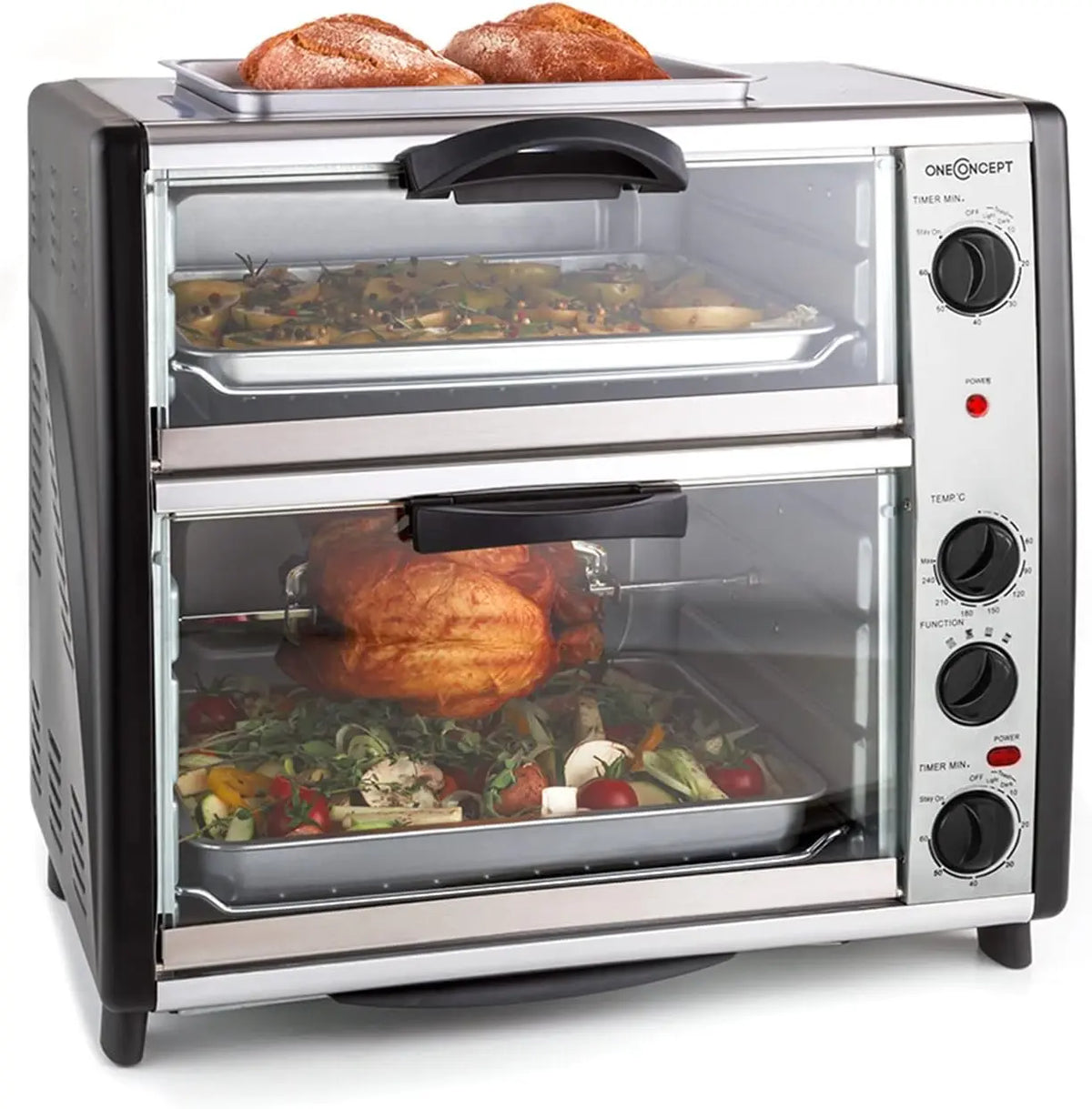 oneConcept All-You-Can-Eat Horno eléctrico doble, 2 cámaras de cocción, Parrilla superior, Capacidad Total 42 L, 2400 W, Temperatura, 60-240°C