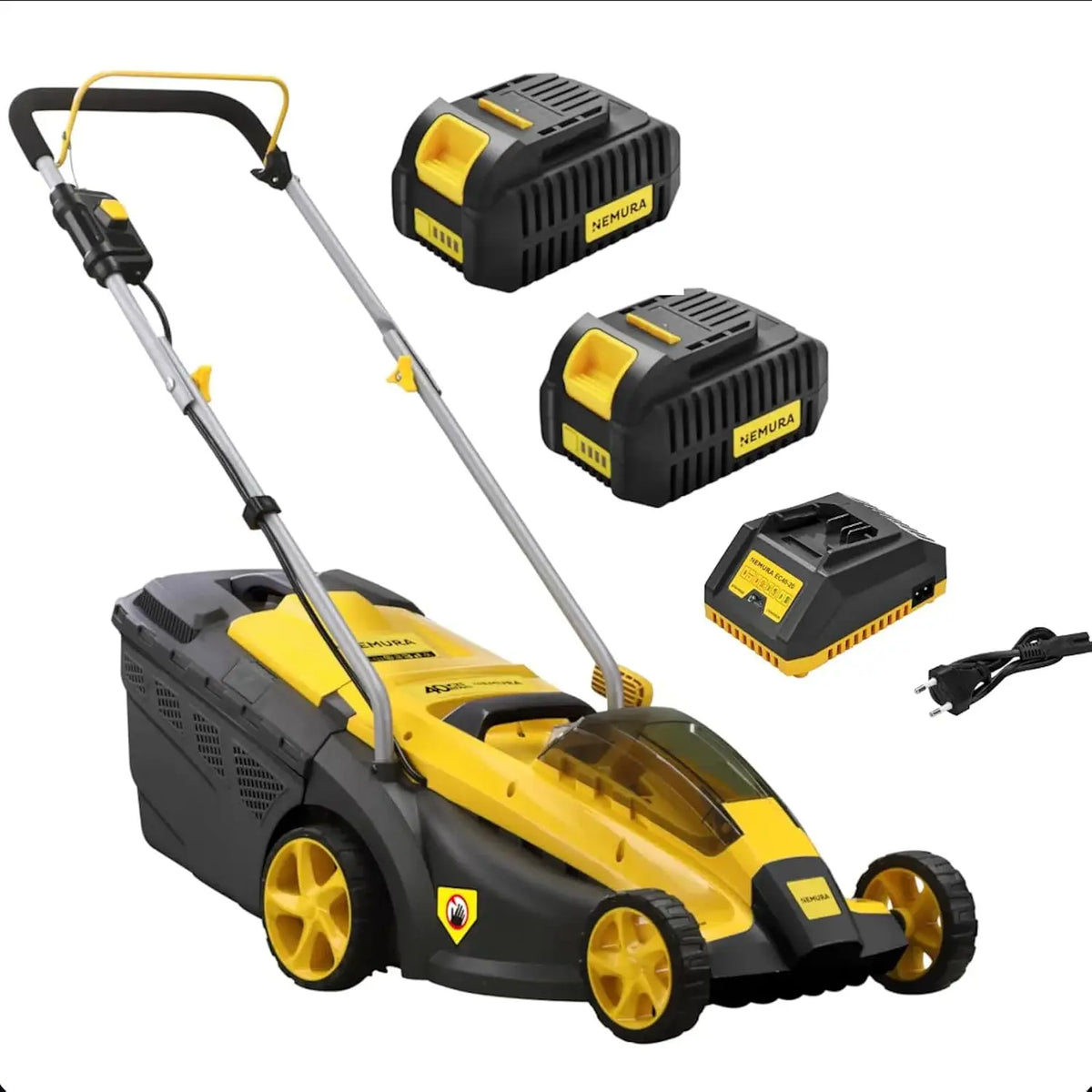 Nemura Cortacésped 40V (2x20V), Ancho de Corte 37 cm, 6 Alturas de Corte de 25 a 77 mm, 4 baterías 4Ah y Cargador rápido, Depósito 35 L