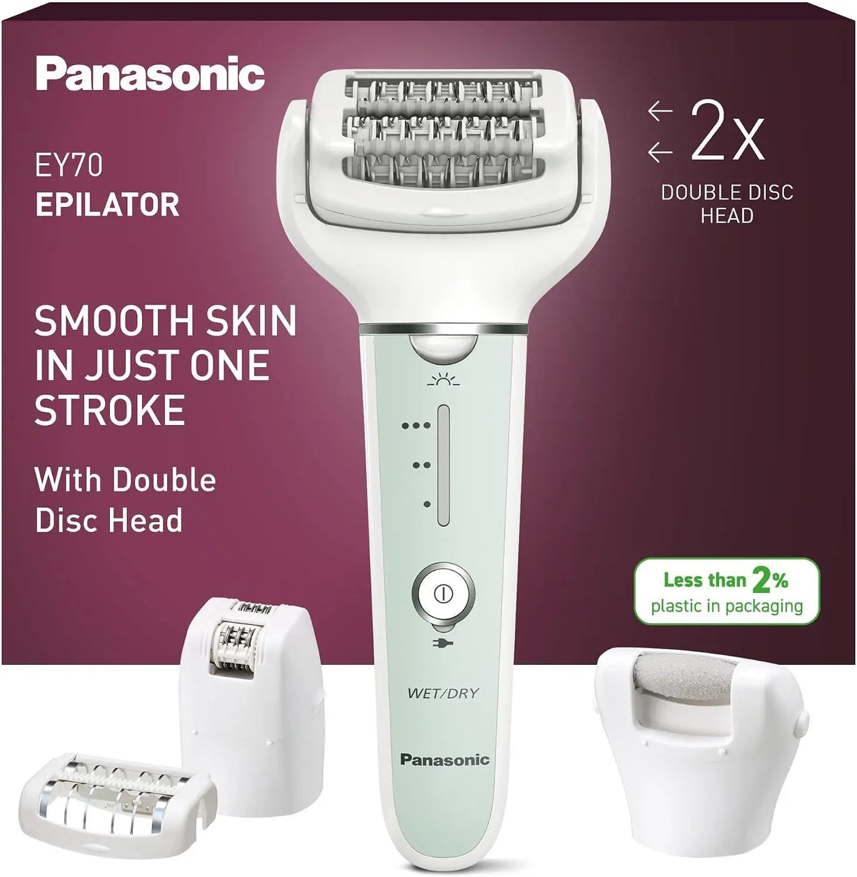 Panasonic ES-EY70-G503 Húmedo y Seco Depiladora, Doble Disco con 60 Pinzas, Flexible 90o Pivotante Cabeza, 3 velocidad Ajustes y LED Luz
