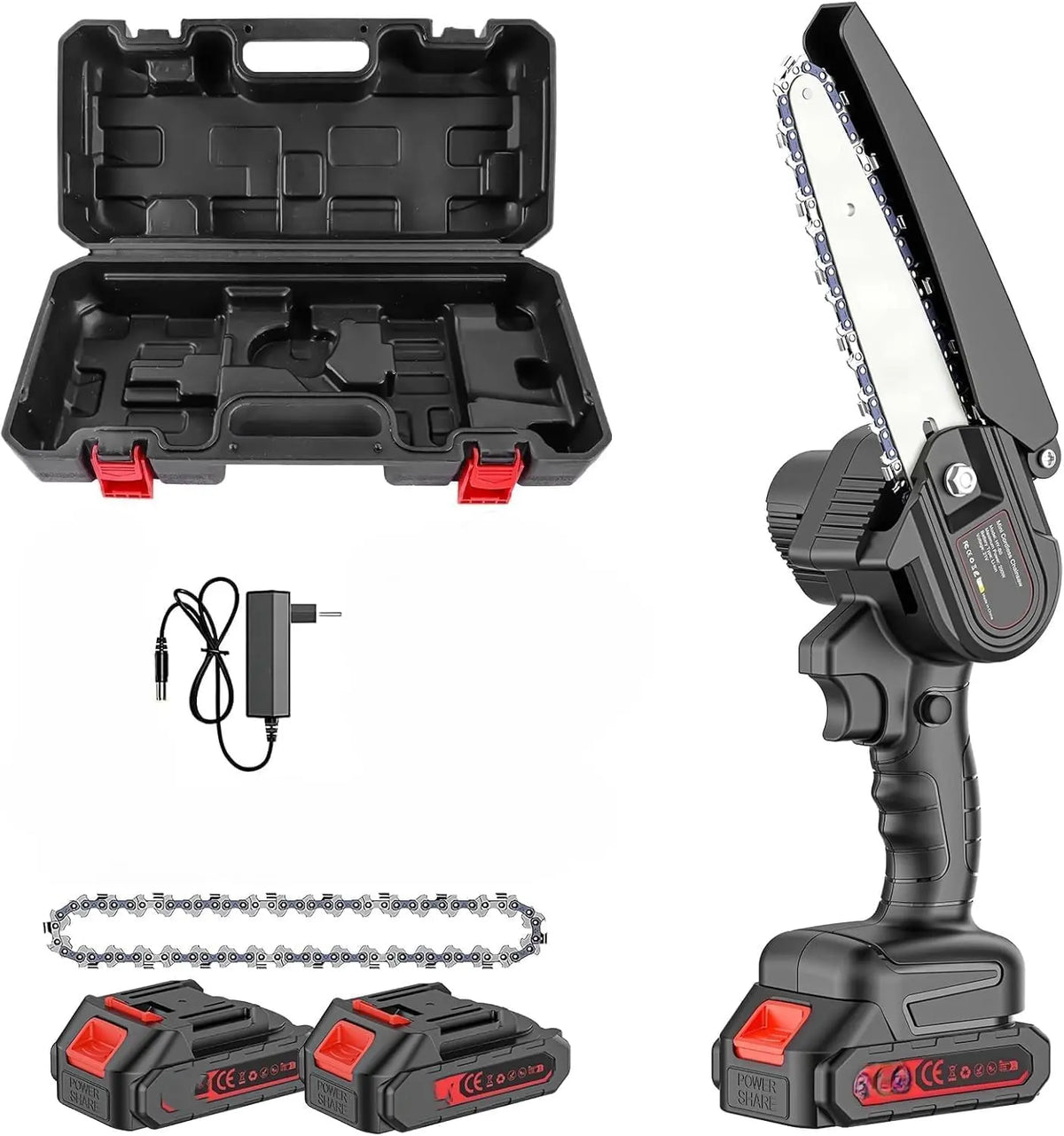 Mini motosierra a batería, 6 pulgadas, 48 V con doble batería, sierra eléctrica para poda y jardinería, funda incluida