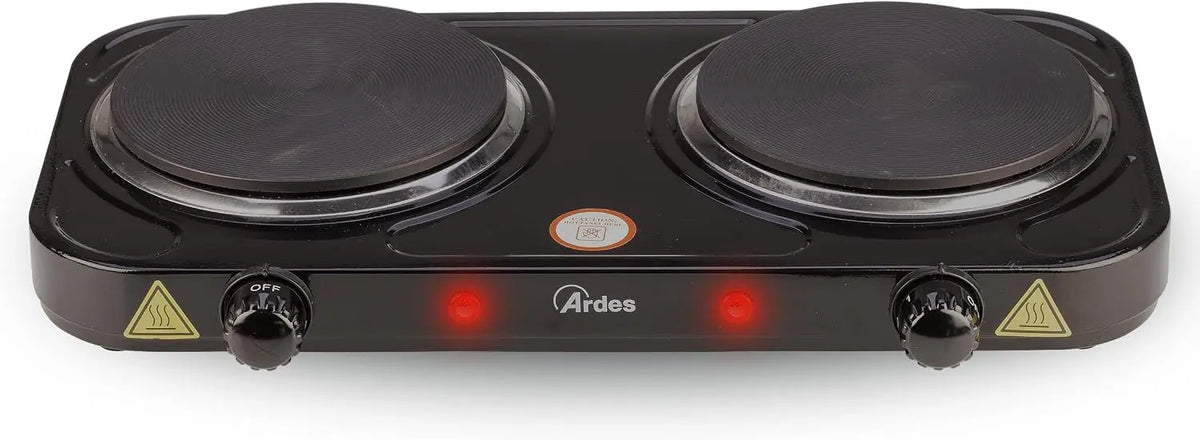 ARDES Hornillo eléctrico para cocinar, de 2000W en acero pintado para Camping y Cocina con 2 Placas de fundición Diámetro 15