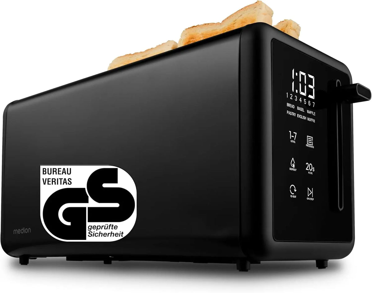 MEDION Tostadora para 4 rebanadas con soporte para panecillos (7 niveles, 5 programas, 1.450W, 2 ranuras largas, descongelar, calentar, acero mate
