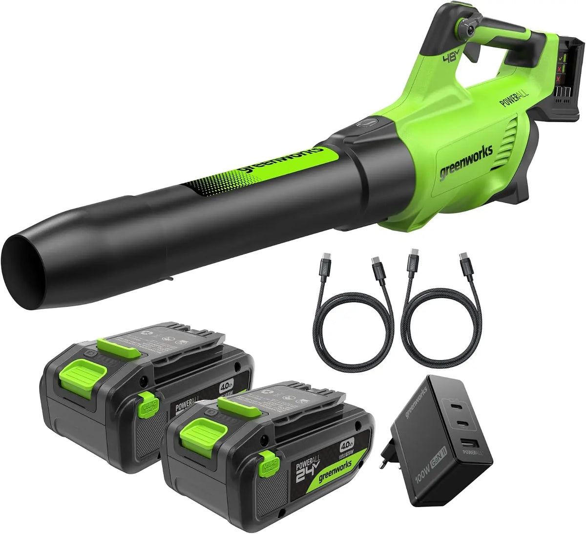 Greenworks 48V(24V x 2) Soplador de Hojas a Batería Axial, con Motor sin Escobillas, Función Turbo, 217 km/h, 16, Garantía de 3 Años BL48L420-01