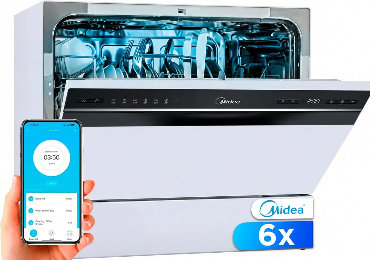 Midea Lavavajillas Pequeño Blanco 55cm de 6 servicios, Lavavajillas Compacto y Portatil sin Instalación, Lavaplatos con App Control, 6 Programas