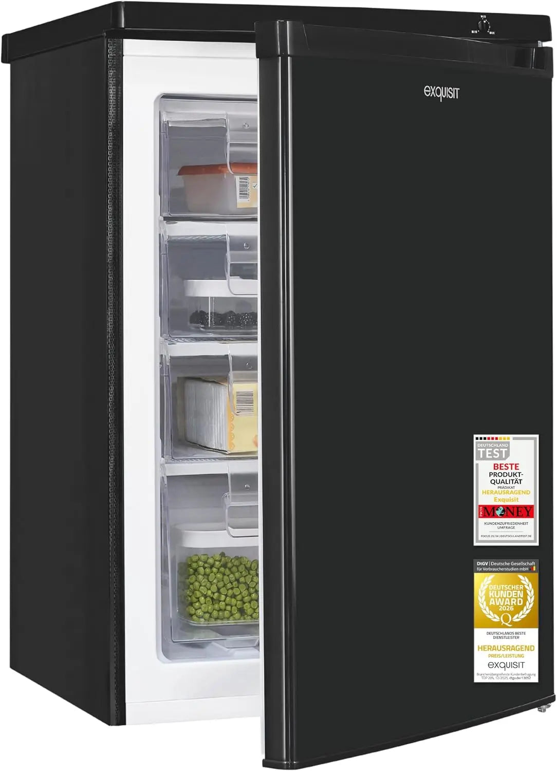 Exquisit GS512-040E, 91 litros de capacidad neta, clase energética E, 40 dB de sonido, compartimento de 4 estrellas, control manual de temperatura