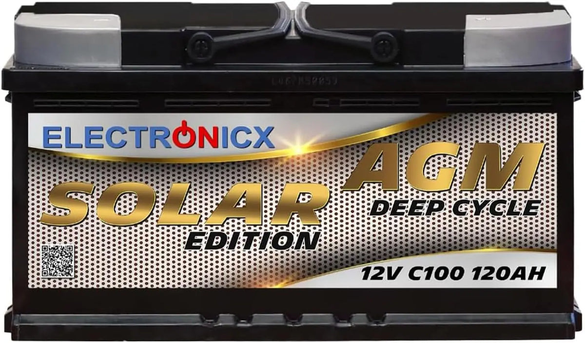 Electronicx batería AGM de Suministro 120Ah 12V, Edición Solar Deep Cycle, batería Solar 12V C100 con tecnología AGM, 353x175x190mm