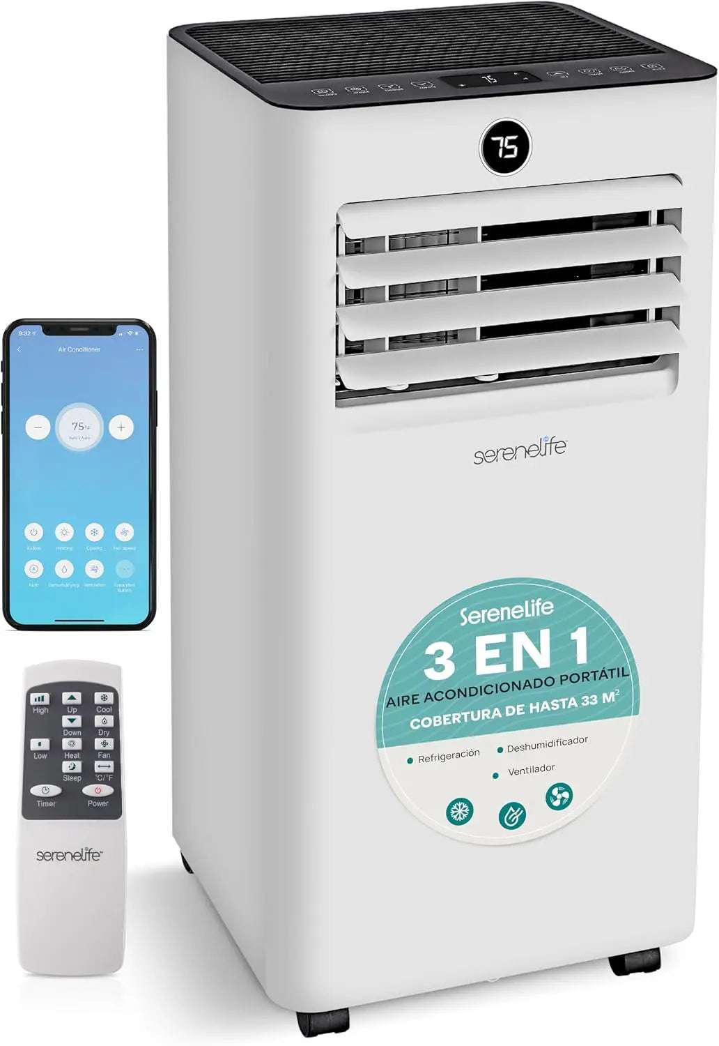 SereneLife Aire Acondicionado Portátil, 7000 BTU con WiFi y conjunto de Ventana, Compacto, Silencioso, Bajo Consumo con Deshumidificador, 3 modos