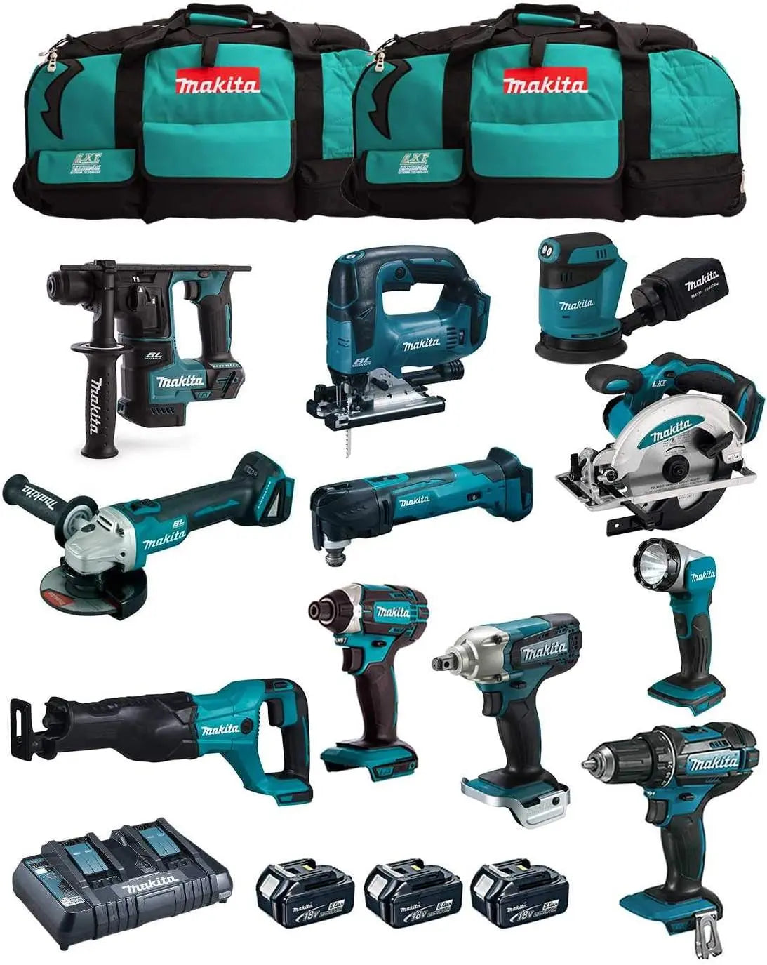 MAKITA conjunto MK1101 (DDF482 + DHR171 + DGA504 + DTD152 + DJV182 + DSS610 + DJR186 + DBO180 + DTM51 + DML802 + DTW190 + 3 Baterías de 5