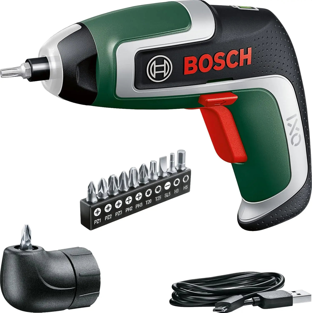 Bosch atornillador a batería compacto IXO set (7.a generación, 3, 6 V, 2, 0 Ah, 5, 5 nm, adaptador de atornillado en ángulo, con cable micro USB