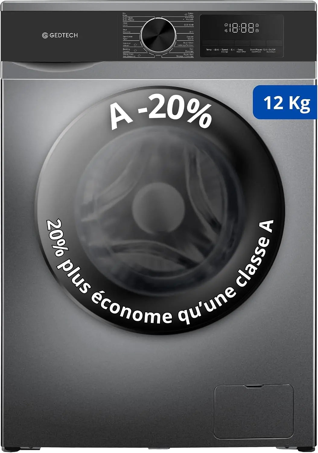 Lavadora frontal GEDTECH GLL121400DG, 12 Kg, 1400 RPM, 16 programas, Eco, Intensivo, Rápido, Muy bajo conso, Clase A-20% (Dark gris