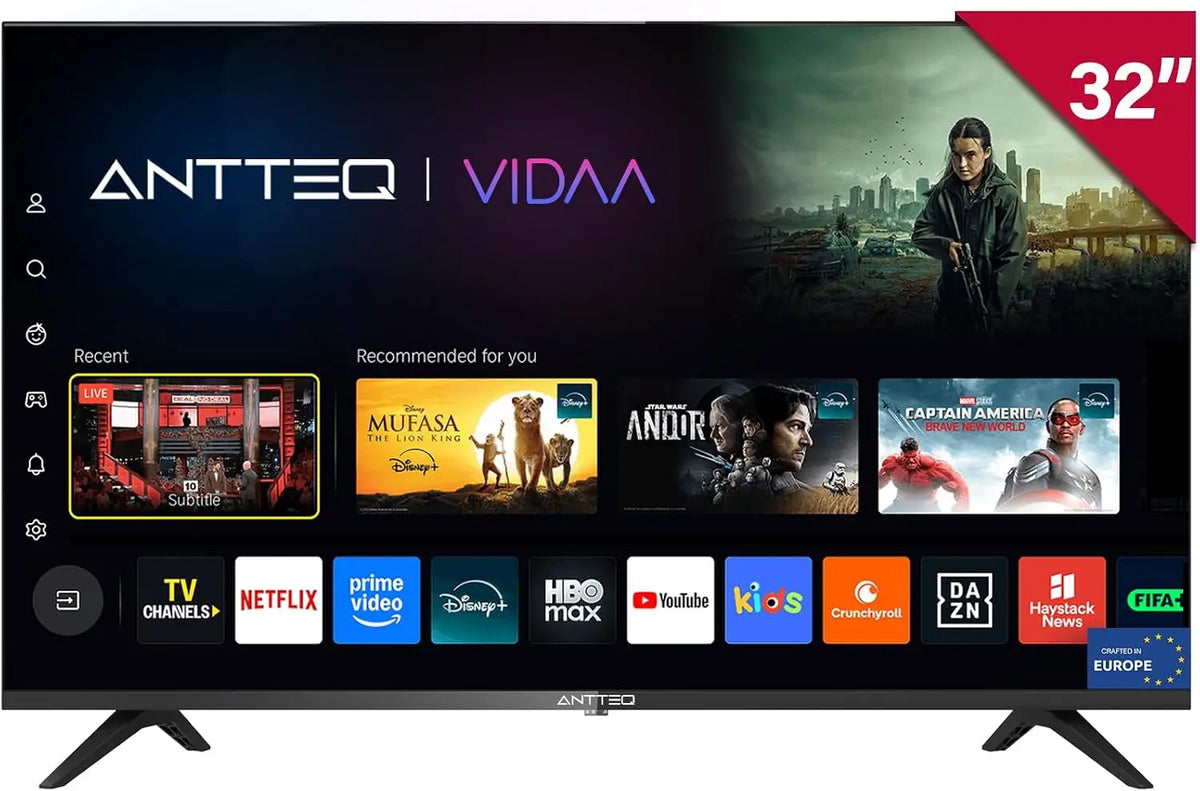 Antteq Vita inteligente TV 32 Pulgadas, (Televisores 81cm), Dolby Audio, App Store, Share to TV, Netflix/Youtube/Pluto TV, WiFi, H.265/HEVC