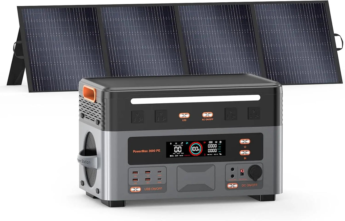 3600W Estación de Energía Portátil PowerMax 3600PE con 1 Panel 200W, Generador Solar 2016Wh, Batería LiFePO4, Carga Rápida 80% en 45min, APP
