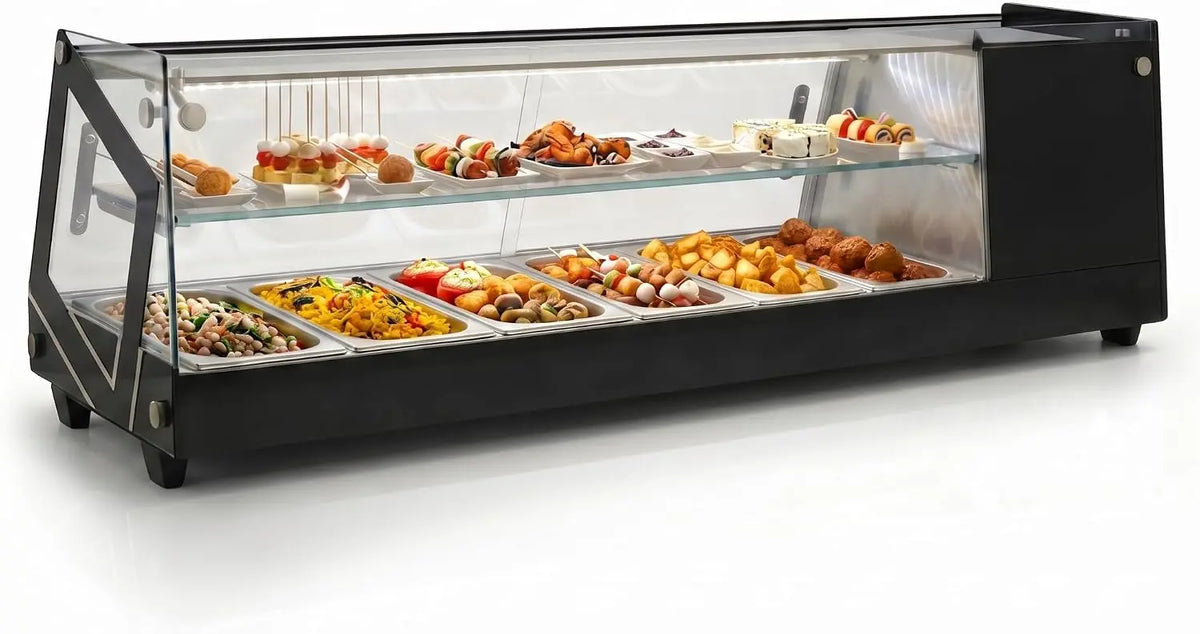 Genérico Osteleria Vitrina Expositora Refrigerada para Tapas, 6 Bandejas GN 1/3, 148, 5 cm, 2-8 °C, Control Digital, Puertas Correderas, Luz LED