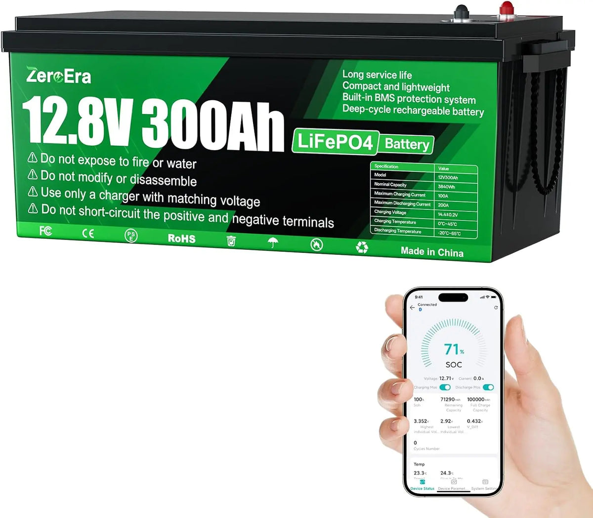 Batería LiFePO4 12V 300Ah, Bluetooth Batería de Litio de 3840Wh con protección de Temperatura de 200A BMS, Ciclo Profundo de 15000+