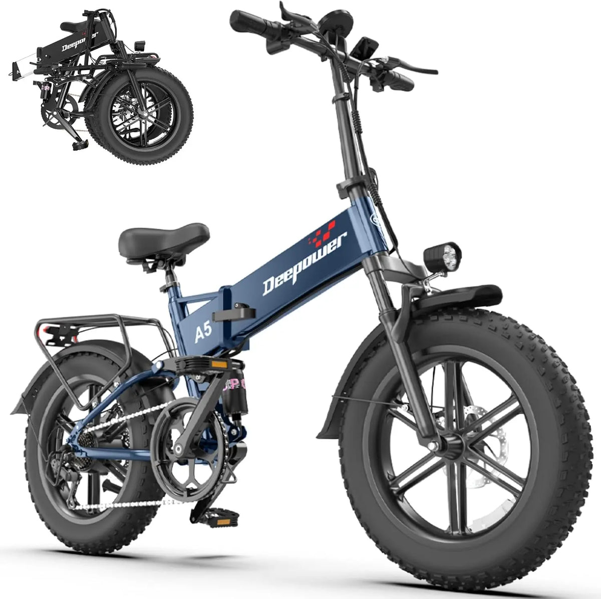 DEEPOWER Bicicleta eléctrica plegable A5 para adultos, batería extraíble 48 V 15, 6 Ah, autonomía 110 km, motor par 85 N, m, cambio de 7 velocidades