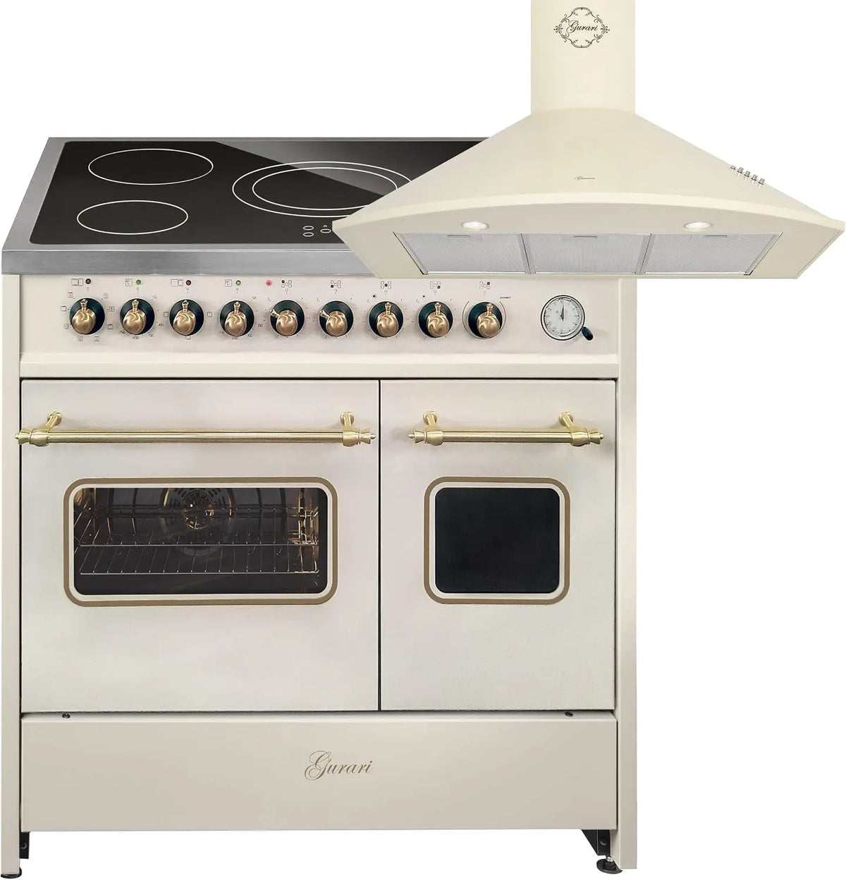 GURARI GCH E 912 DF Cr r+GCH C 046 BG 9, Estufa eléctrica de pie (90 cm, con 1 extracción telescópica, doble horno y campana extractora de 90 cm)