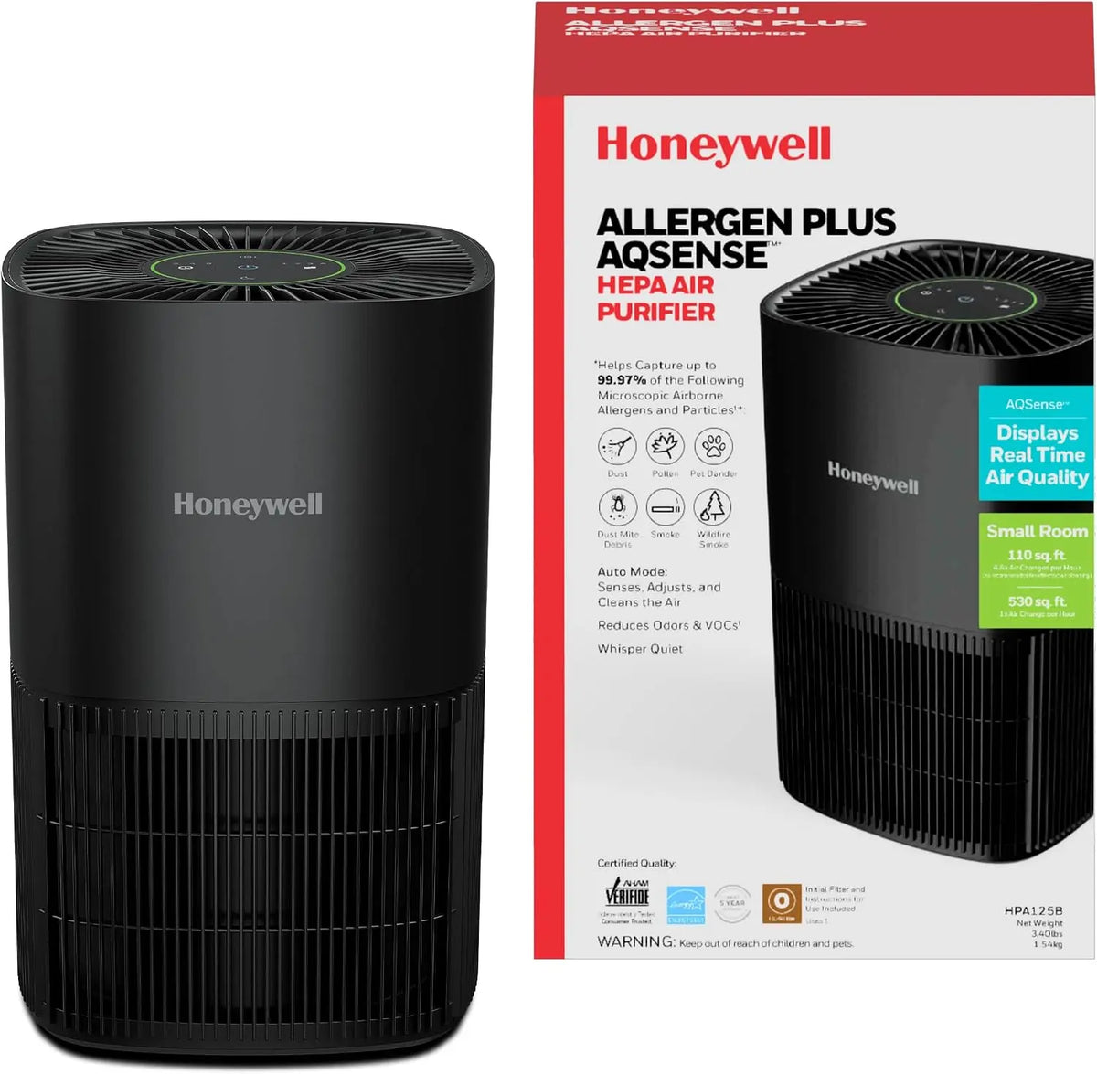 Honeywell Allergen Plus AQSense, Purificador de aire HEPA para el hogar, dormitorio y mascotas, cobertura de 530 pies cuadrados, modo automático