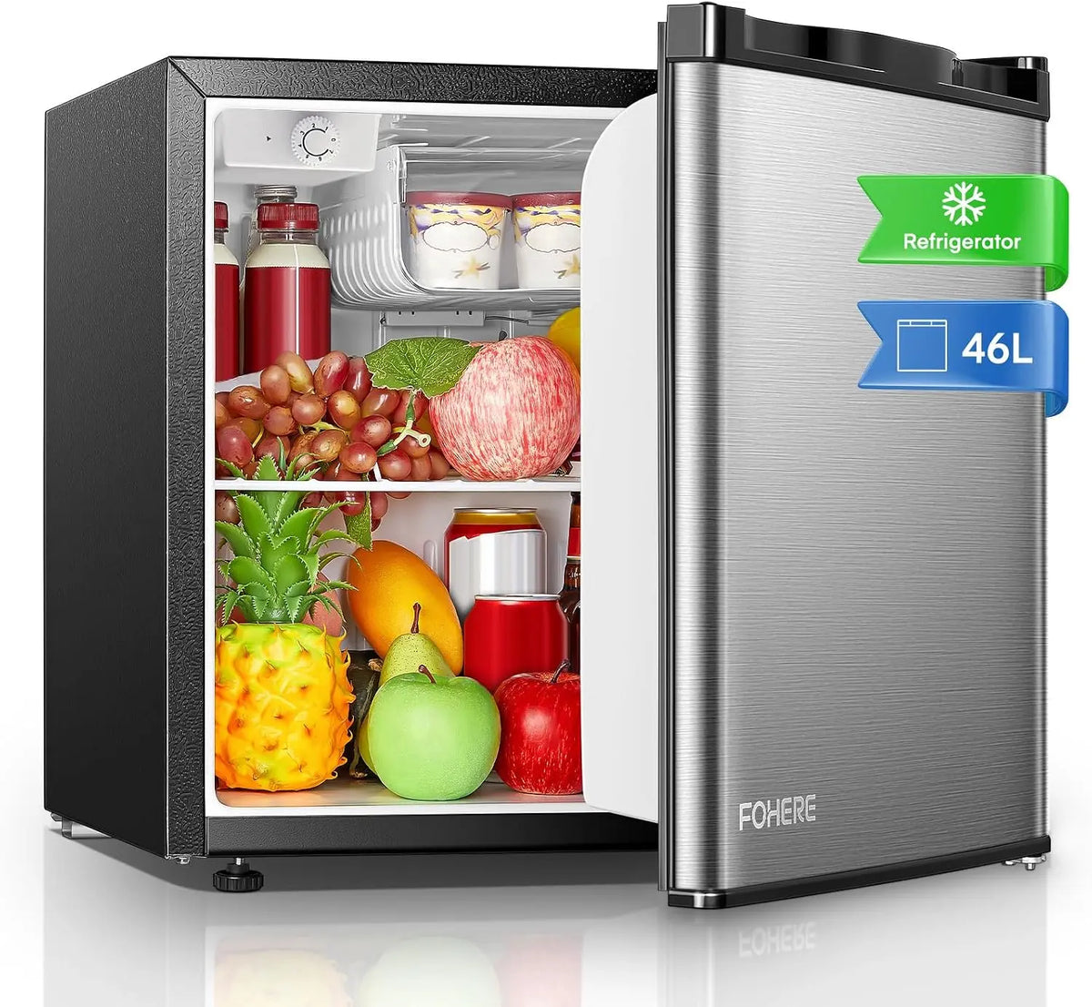 FOHERE Mini Frigorífico Bar 46L, Nevera Pequeña Silencioso, Control de Temperatura Regulable, Mono Puerta, Puerta Reversible, Hogar, Oficina, Inox