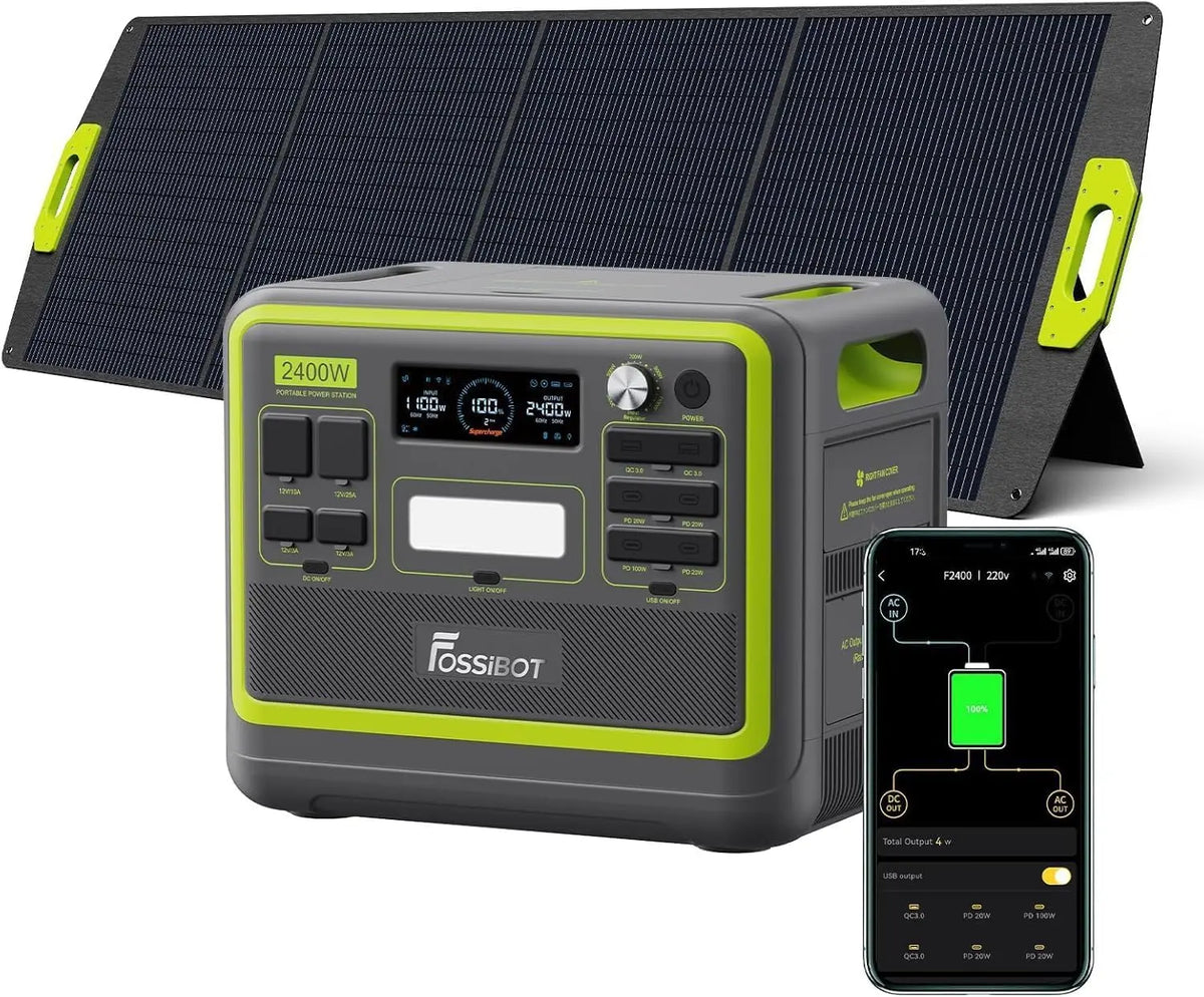 FOSSiBOT F2400 Generador Solar Portatil, Panel Solar de 200W, Batería LiFePO4 de 2048Wh, Carga del 80% en 1, 5 Horas, Viajes