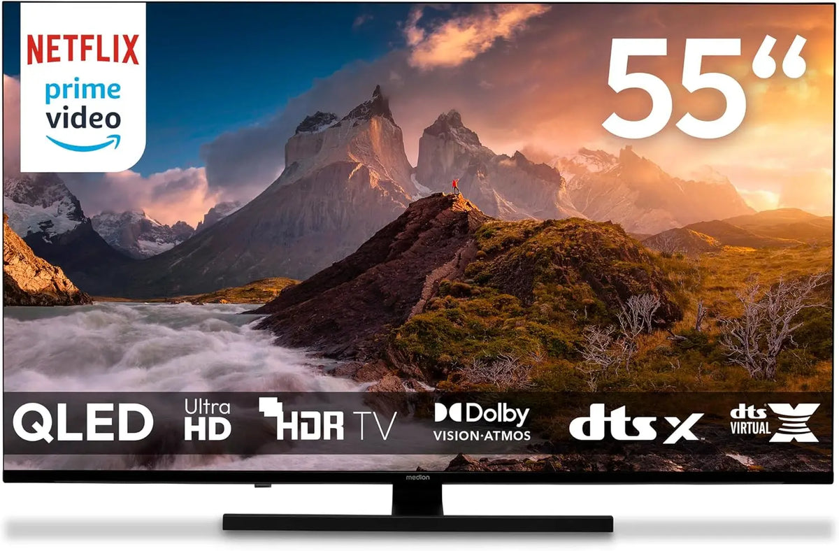 MEDION Televisor QLED 138, 8 cm (55 Pulgadas) (inteligente TV, 4K, Dolby Vision HDR, Prime Video, Disney+, Dolby Atmos, DTS X, PVR, Bluetooth