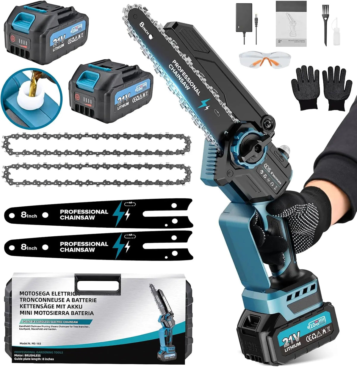 Mini Motosierra Bateria, 8000mAh Sierra Eléctrica Bateria Motor sin Escobillas 8 Pulgadas, con El Aceite y 2 Baterías, Árboles (1200W)