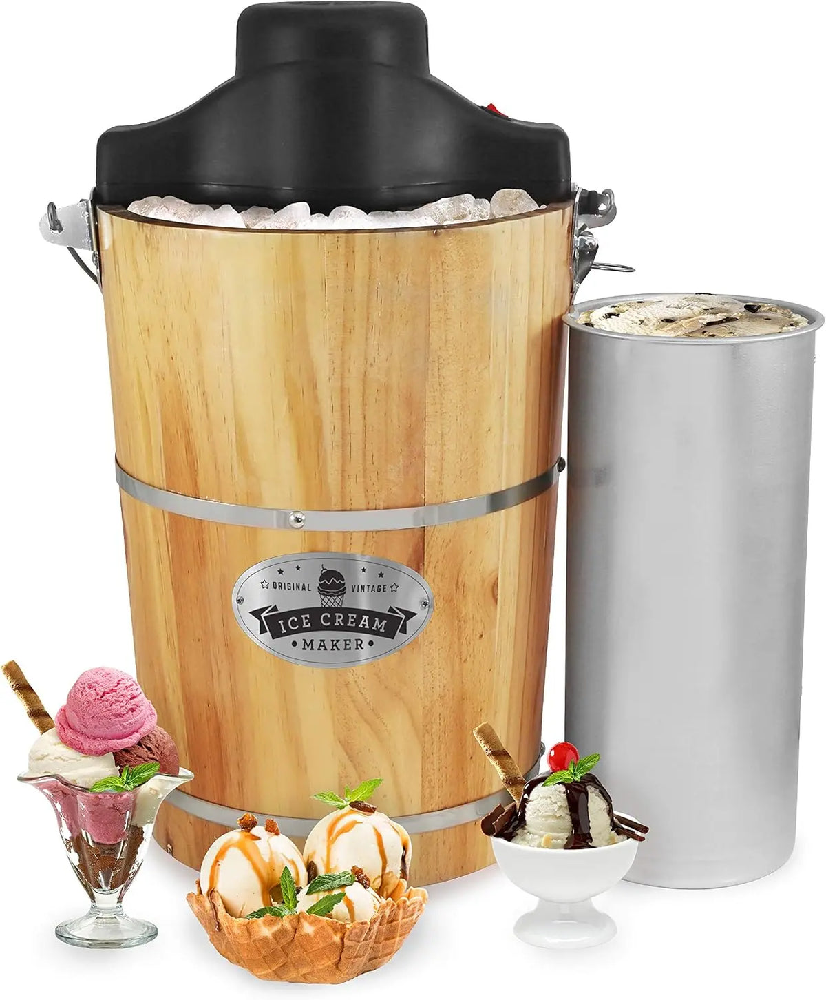 Elite Gourmet EIM916 Máquina de hacer helados eléctrica vintage en forma de cubo de madera de 5, 5 l, manivela de fundido a presión clásica extra