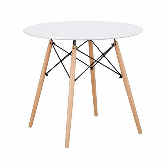 Mesa de Comedor Redonda Escandinava Blanca con Patas de Haya, 70 cm