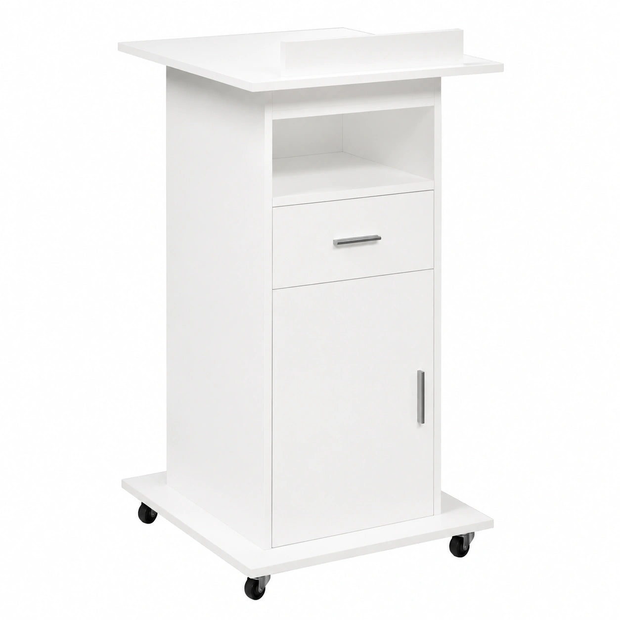 Atril de Madera con Cajón y Ruedas, Blanco, 55x55x107 cm