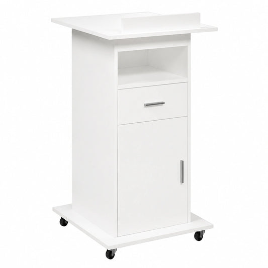 Atril de Madera con Cajón y Ruedas, Blanco, 55x55x107 cm