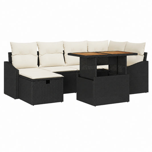 Conjunto Modular de Sofá de Jardín de Poliratán Negro 7 Piezas con Cojines, Resistente al Clima UV