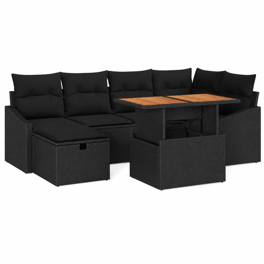 Conjunto Modular de Sofás de Jardín en Poliratán Negro 7 Piezas, Cojines Incluidos, Resistente al Clima y Rayos UV