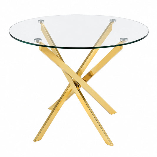 Mesa Redonda de Cristal Templado con Patas Doradas de Metal, Diámetro 90 cm