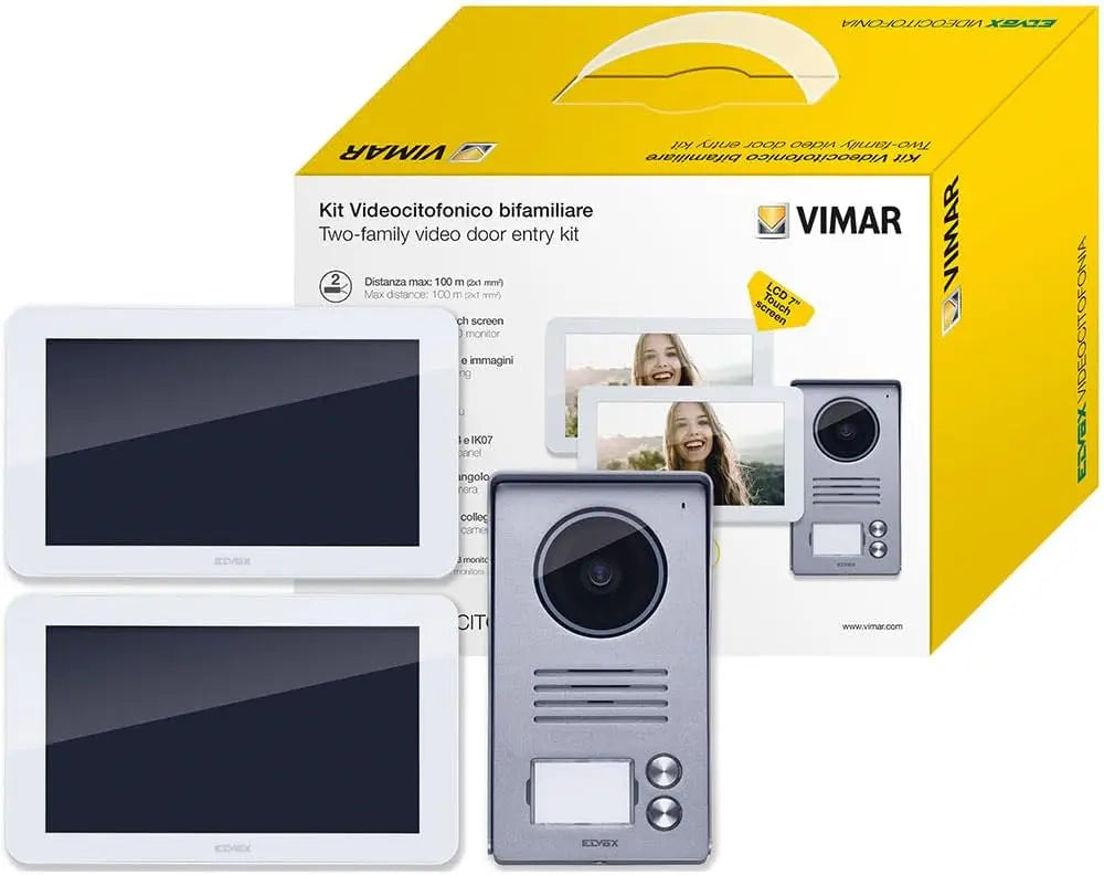 Vimar K40916 conjunto videoportero de superficie, 2 videoporteros táctil LCD 7', placa audio-vídeo 2 pulsadores, soporte fijación, blanco