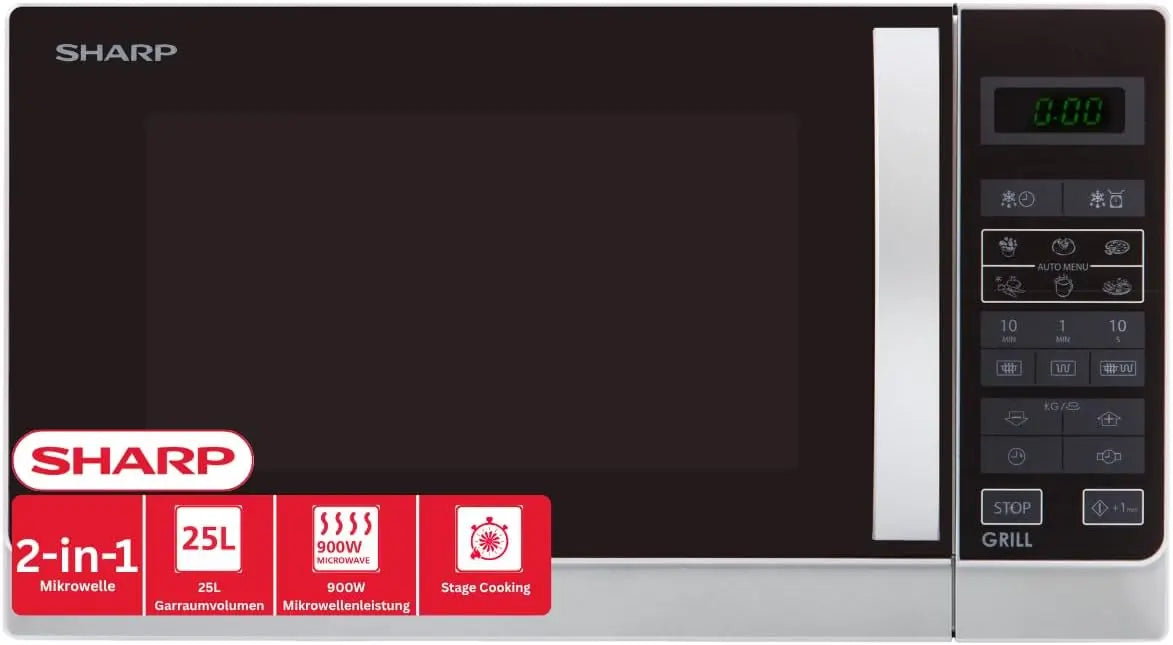 Sharp R742INW Microondas Grill 25L, Control Tactíl, 1000W, 900 W, 25 litros, Fer, Plateado