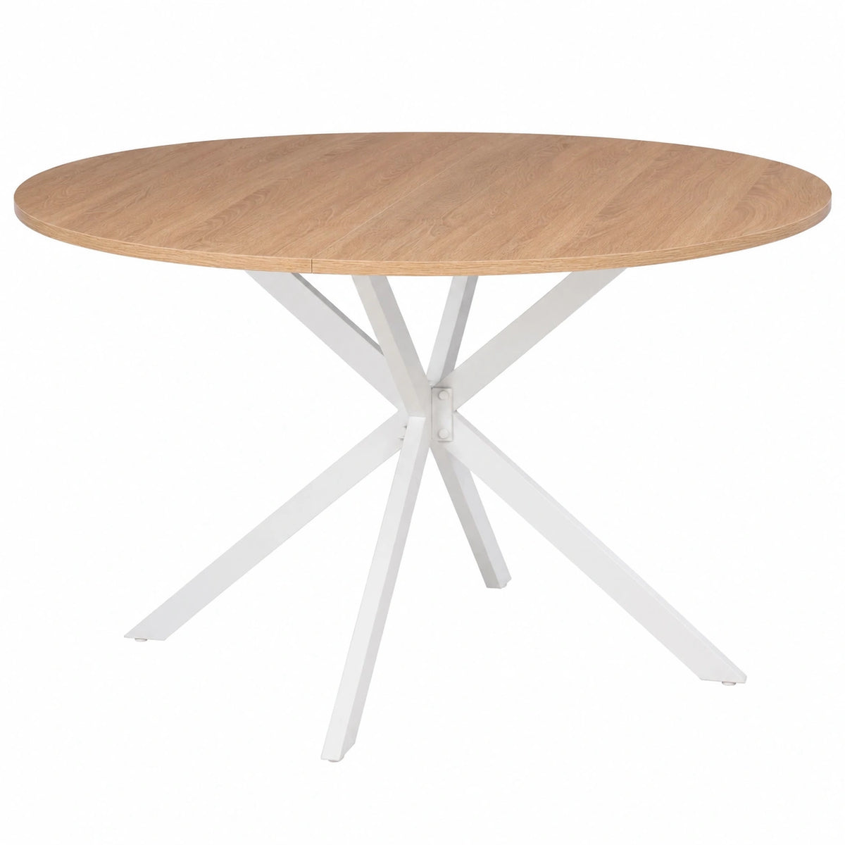Mesa de Comedor Redonda para 4-6 Personas con Base en Forma de Araña, Madera y Blanco, Diámetro 110 cm