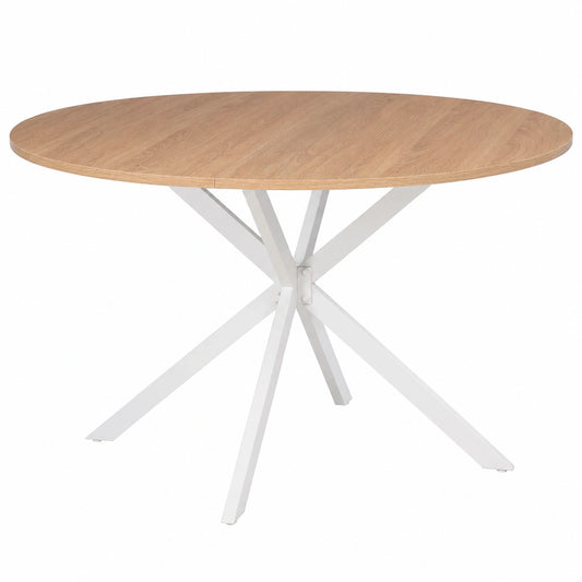 Mesa de Comedor Redonda para 4-6 Personas con Base en Forma de Araña, Madera y Blanco, Diámetro 110 cm