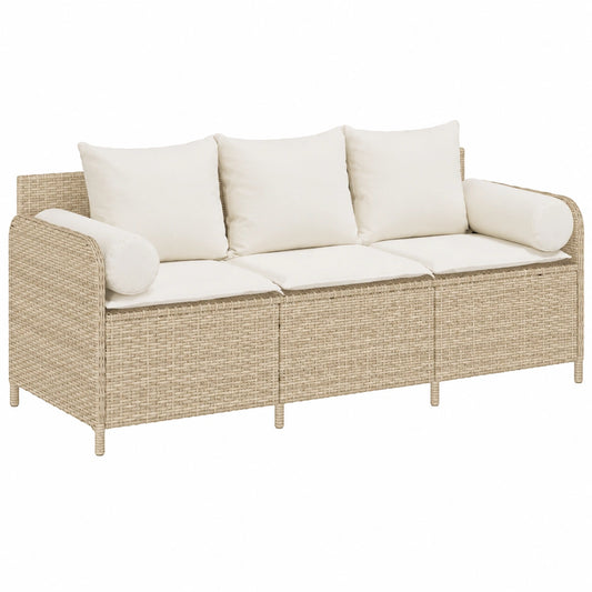 Sofá de Jardín 3 Plazas con Cojines, Ratán Sintético Beige, Muebles de Exterior