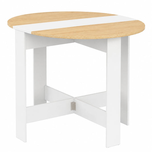 Mesa Consola Plegable Redonda para 2-4 Personas, Madera Blanca y Haya, 103 x 76 cm